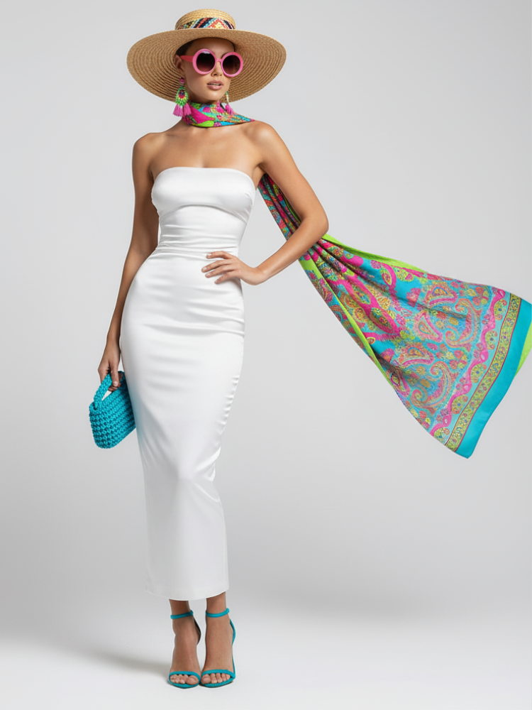 Long Skirt Dress With Asymmetric Style And Slim Fit Design For Women, White, Tribeca, BYMANYC New York.-1