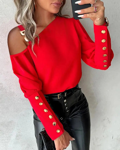 Fashion Lantern Sleeve Button Splicing Shirt Women Elegant Office Commuter O Neck Blouse Female Autumn Spring Daily Casual Tops-6
