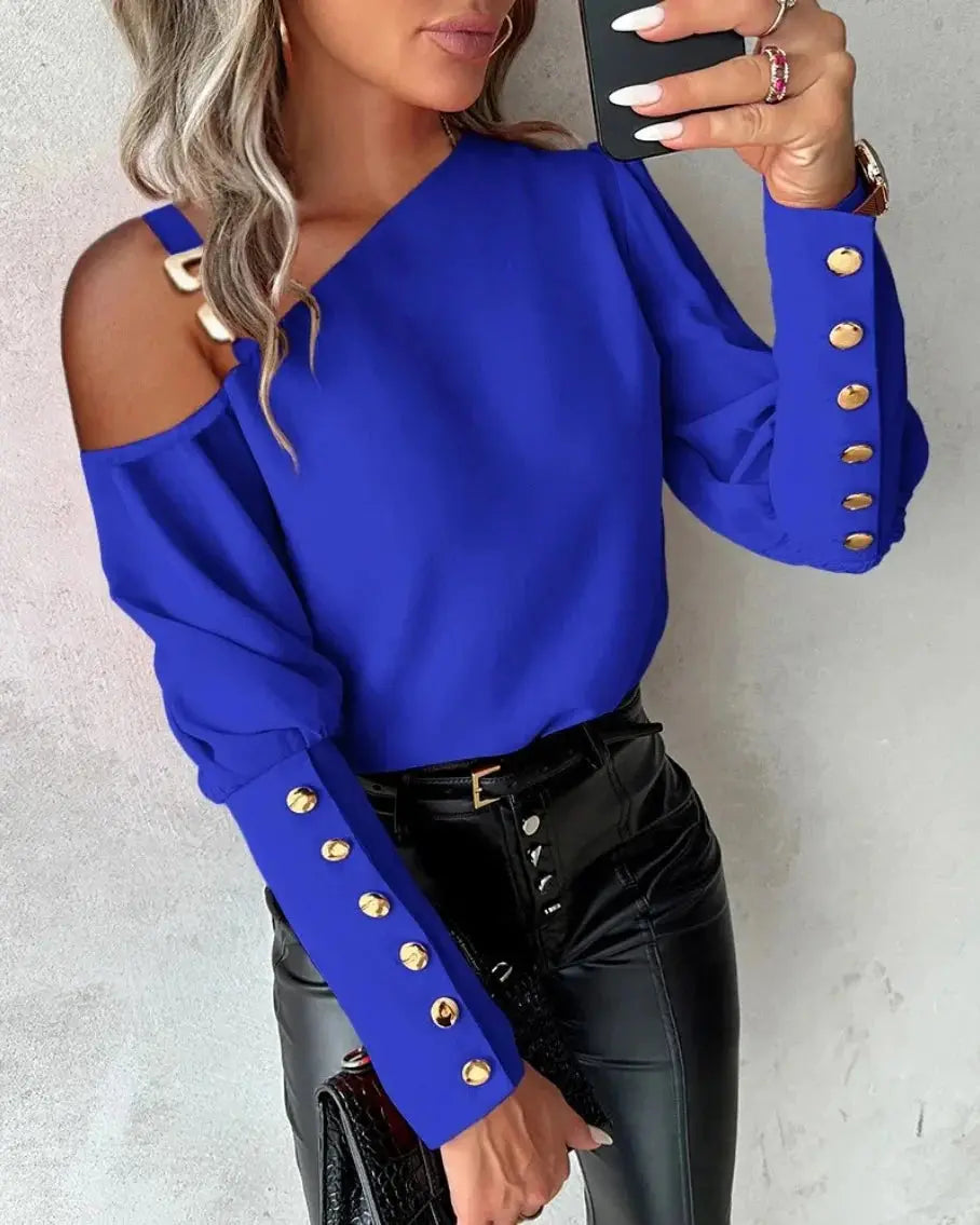 Fashion Lantern Sleeve Button Splicing Shirt Women Elegant Office Commuter O Neck Blouse Female Autumn Spring Daily Casual Tops-7