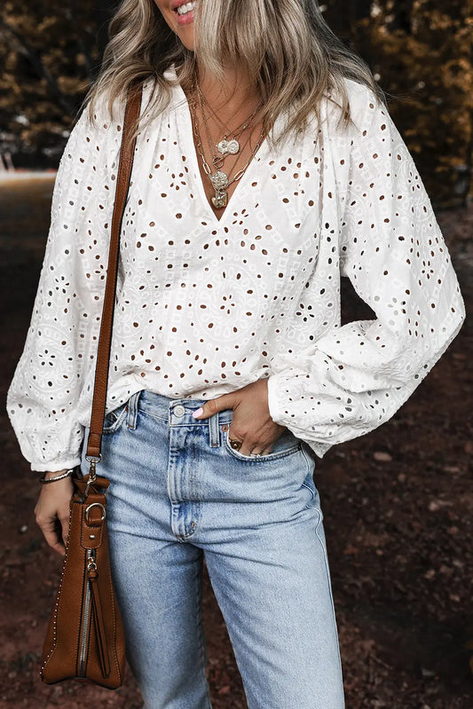 Paige Eyelet Embroidered Puff Sleeve Blouse-0