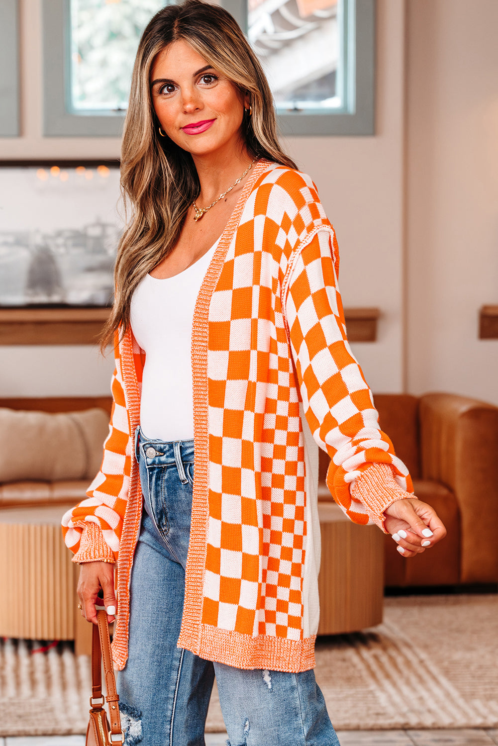 Wrenley Checkered Open Front Drop Shoulder Cardigan